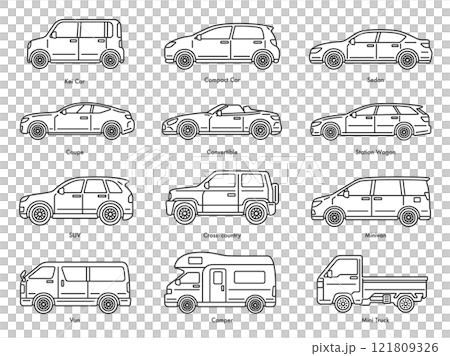按車身類型劃分的汽車插圖集（線條圖） 121809326