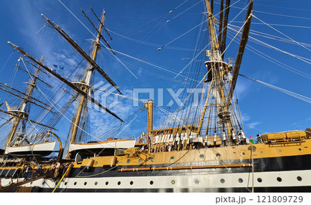 A large old ship at pier under a beautiful blue sky 121809729