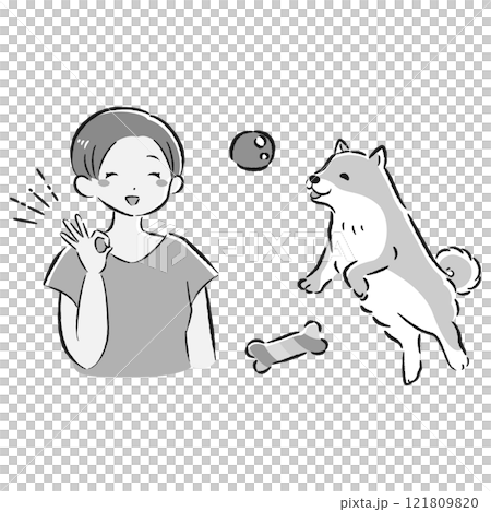 Illustration of a dog and its owner playing with a toy Illustration of a dog and its owner playing with a toy 121809820