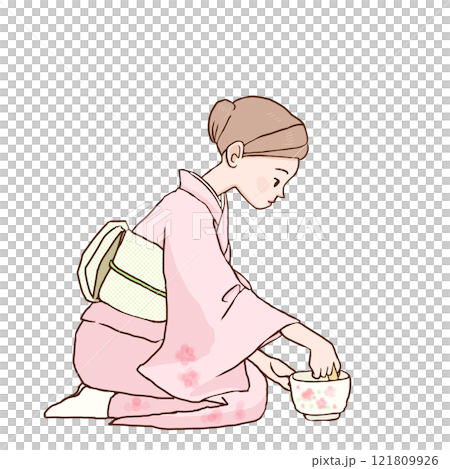 一位婦女在茶道中泡茶 121809926