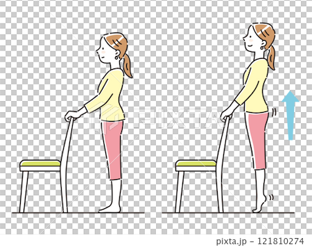 Young woman stretching her legs using a chair 121810274