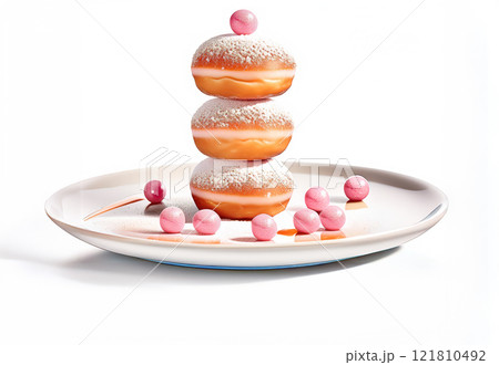 Appetizing stack of three doughnuts, generously dusted with powdered sugar and artistically adorned with pink spherical candies 121810492