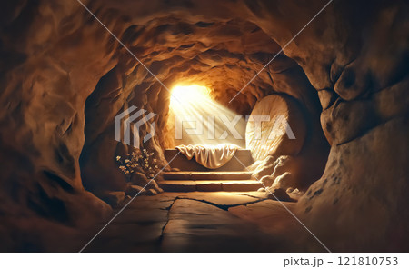 Oil painting illustration of Resurrection of Jesus Christ at sunrise seen from behind with empty tomb and sunbeam. Christianity 121810753