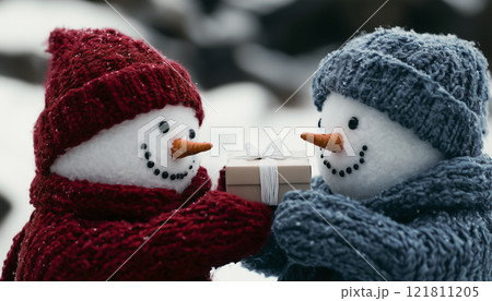 Two Cheerful Snowmen in a Magical Winter Scene with Gift Exchange 121811205