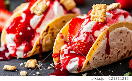 Delicious Strawberry Shortcake Tacos Drizzled With Strawberry Sauce 121811213