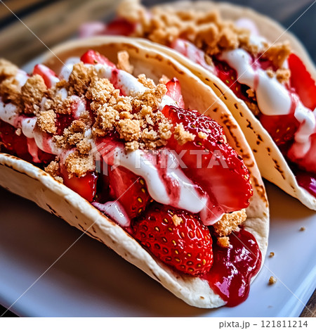 Strawberry Shortcake Tacos With Strawberry Sauce And Graham Crackers 121811214