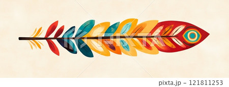 Stylized feather art featuring intricate details in vibrant red, yellow, and turquoise against a beige backdrop Stylized feather art featuring intricate details in vibrant red, yellow, and turquoise against a beige backdrop 121811253