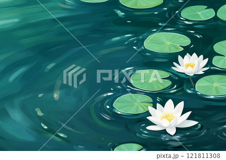 A serene pond with lily pads and gentle ripples in deep green water 121811308