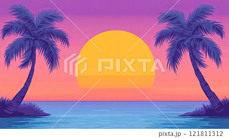 Experience a vibrant beach sunset with stunning gradient colors over tranquil waters and palm trees 121811312