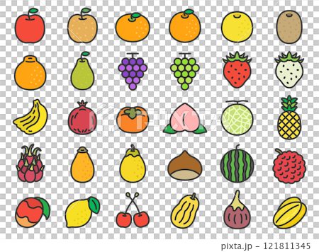いろいろな、果物のアイコン（線画カラー）のイラストセットのイラスト