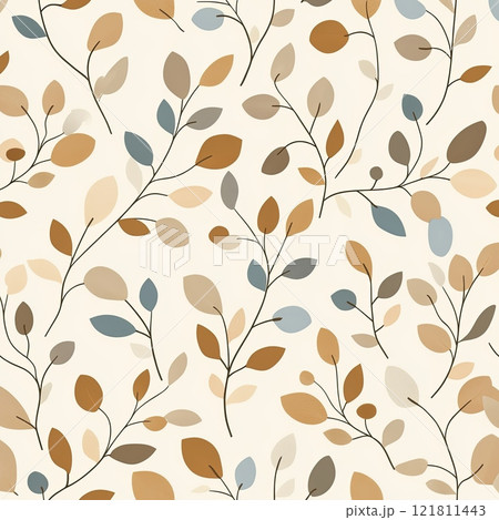 Hand-drawn botanical patterns in earthy tones on vintage soft beige background perfect for eco-friendly branding Hand-drawn botanical patterns in earthy tones on vintage soft beige background perfect for eco-friendly branding 121811443