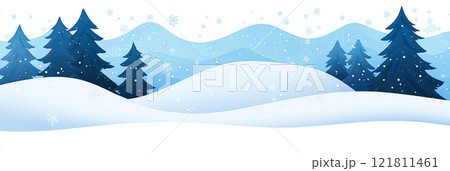 Serene winter landscape with snowy hills and tall pine trees under a clear blue sky and gentle snowflakes Serene winter landscape with snowy hills and tall pine trees under a clear blue sky and gentle snowflakes 121811461