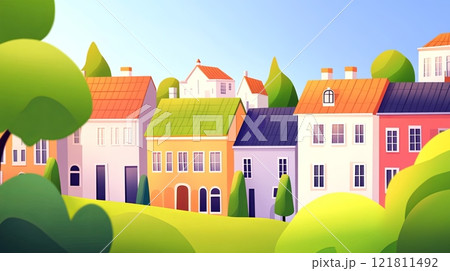 Stylized cityscape featuring green rooftops and colorful buildings under a clear blue sky promoting sustainability 121811492