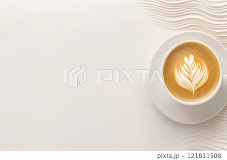 Artistic coffee cup with elegant foam art on a muted background showcasing modern coffee culture 121811508
