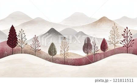 Autumn landscape with burgundy and olive green trees under a misty gray sky in a tranquil setting Autumn landscape with burgundy and olive green trees under a misty gray sky in a tranquil setting 121811511