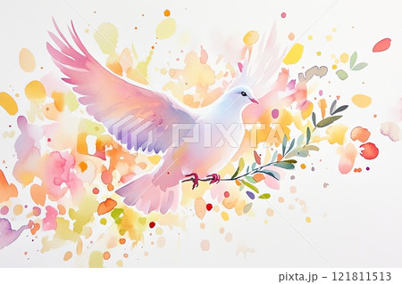A vibrant watercolor dove soaring with an olive branch surrounded by colorful splashes representing modern peace 121811513