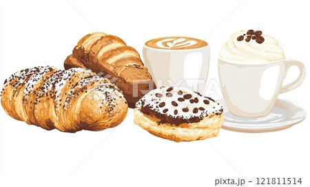 Cozy coffee cups and delicious pastries perfect for bakery and cafe branding 121811514