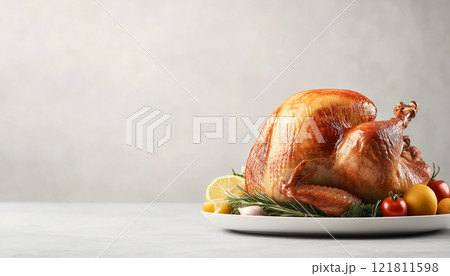Perfectly Roasted Turkey with Fresh Vegetables on a White Plate 121811598