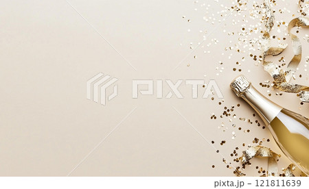 Minimalist Celebration Banner with Champagne Bottle, Confetti, and Ribbons Minimalist Celebration Banner with Champagne Bottle, Confetti, and Ribbons 121811639