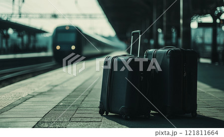 Travel Suitcases at Railway Station with Incoming Train in Summer Light 121811664