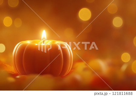 Warm pumpkin-shaped candle glowing softly amidst a sea of vibrant orange bokeh lights for autumn celebration 121811688