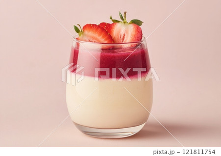 Enjoy a luxurious glass of layered strawberry panna cotta with fruit coulis and fresh strawberries in a modern setting Enjoy a luxurious glass of layered strawberry panna cotta with fruit coulis and fresh strawberries in a modern setting 121811754