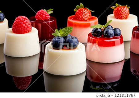 Delicious panna cotta desserts with colorful fruit toppings on a reflective surface 121811767