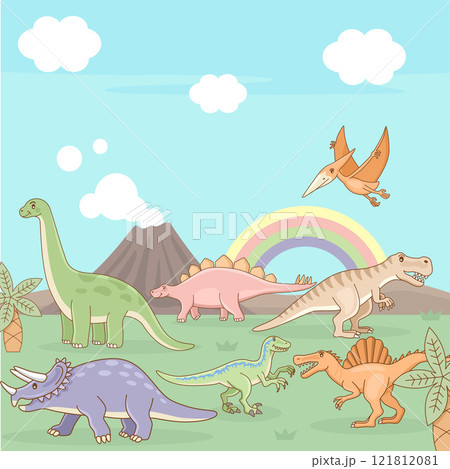 Set of hand drawn cute dinosaurs in pastel colour. Set of hand drawn cute dinosaurs in pastel colour. 121812081