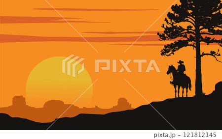 Cowboy riding horse silhouette at sunset, Vector 121812145