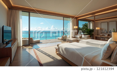 海の見える南国リゾートホテルの一室 121812394