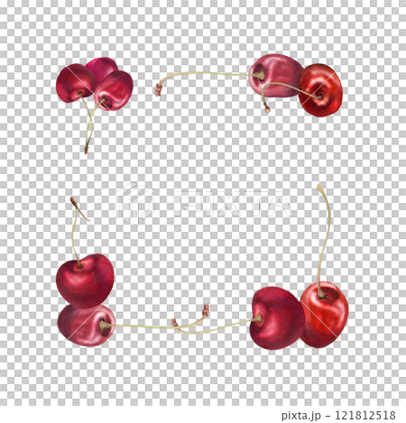 Sweet sour red cherry berries on stems, hand drawn in watercolor, scattered ripe cerise drupes. Square frame illustration isolated on white. For restaurant, cafe dessert menu, wedding, farmers market Sweet sour red cherry berries on stems, hand drawn in watercolor, scattered ripe cerise drupes. Square frame illustration isolated on white. For restaurant, cafe dessert menu, wedding, farmers market 121812518