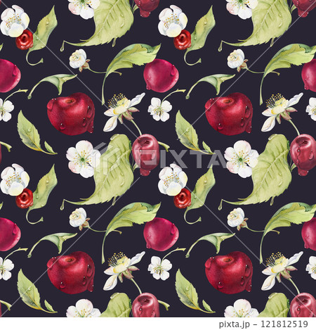 Sweet sour red cherry with green leaves, white flowers, hand drawn in watercolor, cerise berry in clusters on stems. Seamless pattern tile illustration. Restaurant, cafe menu, wedding, farmers market Sweet sour red cherry with green leaves, white flowers, hand drawn in watercolor, cerise berry in clusters on stems. Seamless pattern tile illustration. Restaurant, cafe menu, wedding, farmers market 121812519