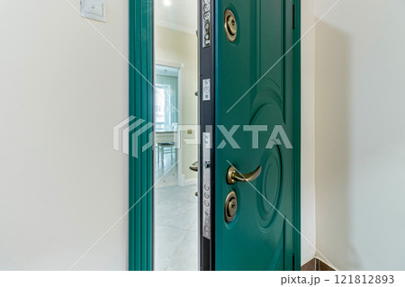 Entrance to the apartment with a modern green door 121812893