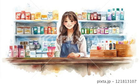 レジに立ち働く女性の良水彩イラスト 121813107