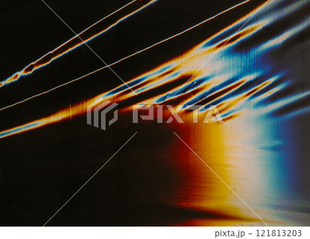 Glitch overlay. Light leak. Old film texture. Orange white blue color flare noise artifacts dust scratch defect uneven foil weathered retro effect illustration art abstract background. 121813203