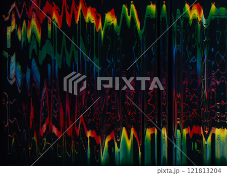 Color glitch. Distortion noise overlay. Rainbow fuzzy stripes electronic waves static artifacts vibration frequency distressed effect creative illustration art abstract background. 121813204
