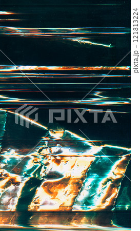 Distressed foil. Old film overlay. Green orange white color rust stains light flare glitch waves dust scratch defect uneven metallic texture illustration art abstract background. 121813224