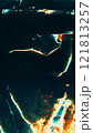 Old film overlay. Damaged foil. Burn surface texture. Blue orange green color light flares dust scratch distressed uneven defect dark illustration art abstract background. 121813257