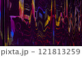 Glitch noise overlay. Digital distortion. Yellow red purple neon color electronic frequency waves static artifacts texture signal defect pattern illustration art abstract background. 121813259
