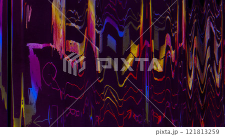 Glitch noise overlay. Digital distortion. Yellow red purple neon color electronic frequency waves static artifacts texture signal defect pattern illustration art abstract background. Glitch noise overlay. Digital distortion. Yellow red purple neon color electronic frequency waves static artifacts texture signal defect pattern illustration art abstract background. 121813259