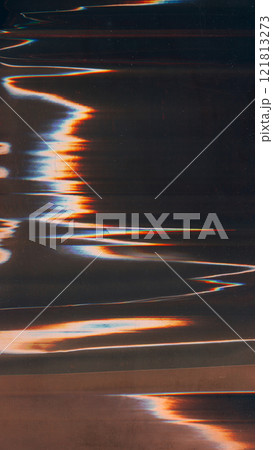 Distortion glitch. Dust scratch overlay. Light flare wave. Blue orange white color defect artifacts distressed uneven old film texture dark illustration art abstract background. 121813273