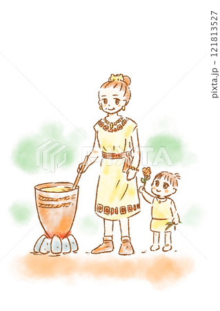 縄文時代　人　女性　老人　子ども　土器　調理　火　笑顔 121813527