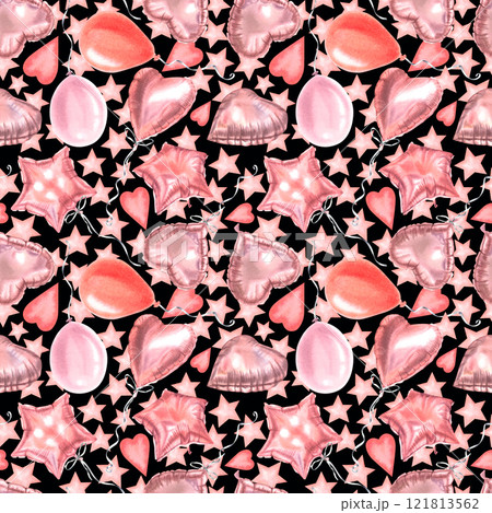 Valentine's hand drawn seamless pattern with balloons in various shapes stars, spheres, hearts. Watercolor illustration of decorative elements on black isolated background. For birthdays, anniversary Valentine's hand drawn seamless pattern with balloons in various shapes stars, spheres, hearts. Watercolor illustration of decorative elements on black isolated background. For birthdays, anniversary 121813562