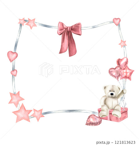 Rectangular frame with bear toy holding balloons for Baby Shower greeting cards or invitations. Hand drawn watercolor template in pastel gray and pink colors for birthday party with space for text. 121813623