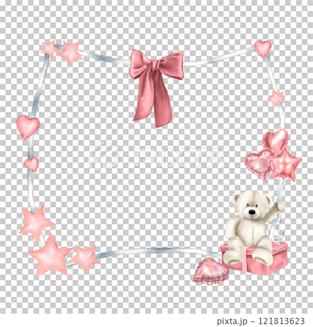Rectangular frame with bear toy holding balloons for Baby Shower greeting cards or invitations. Hand drawn watercolor template in pastel gray and pink colors for birthday party with space for text. 121813623