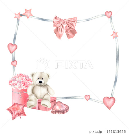 Rectangular frame with teddy bear sitting on gift box with rose bouquet for Baby Shower greeting cards or invitations. Hand drawn watercolor template in pastel colors for birthday with space for text. 121813626