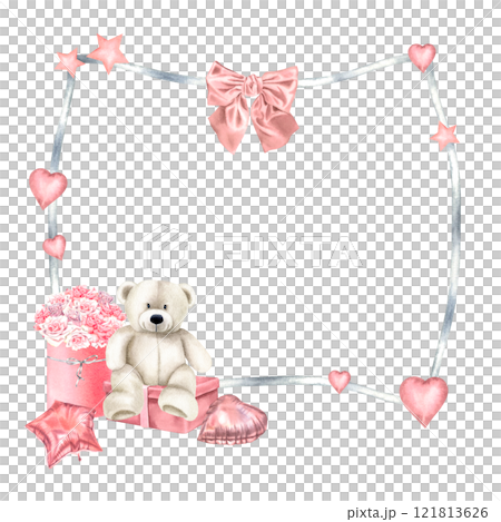 Rectangular frame with teddy bear sitting on gift box with rose bouquet for Baby Shower greeting cards or invitations. Hand drawn watercolor template in pastel colors for birthday with space for text. 121813626