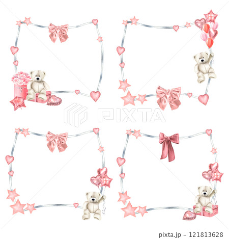 Rectangular frames with teddy bears, balloons, bows, roses and stars for greeting cards or invitations. Valentine's Day borders in pastel gray and pink colors for postcards. Rectangular templates. Rectangular frames with teddy bears, balloons, bows, roses and stars for greeting cards or invitations. Valentine's Day borders in pastel gray and pink colors for postcards. Rectangular templates. 121813628