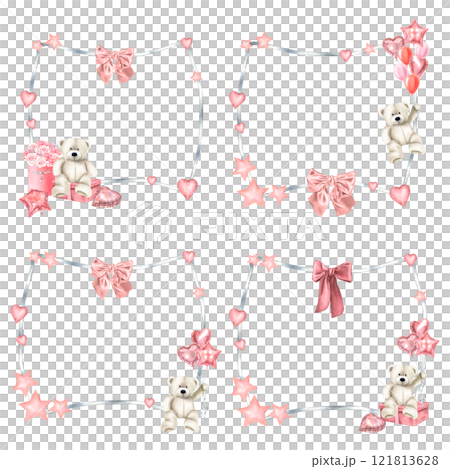 Rectangular frames with teddy bears, balloons, bows, roses and stars for greeting cards or invitations. Valentine's Day borders in pastel gray and pink colors for postcards. Rectangular templates. Rectangular frames with teddy bears, balloons, bows, roses and stars for greeting cards or invitations. Valentine's Day borders in pastel gray and pink colors for postcards. Rectangular templates. 121813628