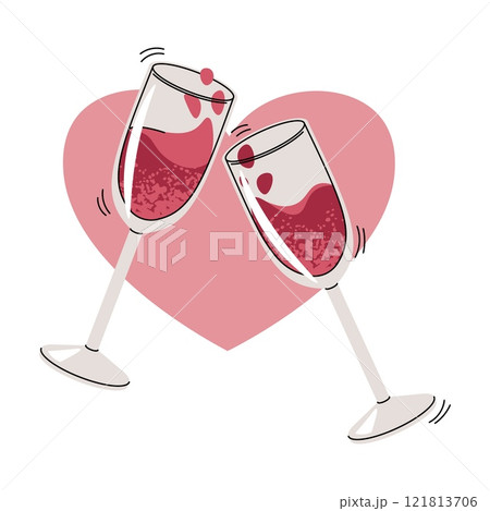 Glasses of wine clink against the background of a heart. Vector illustration for Valentine's Day in flat cartoon style. 121813706